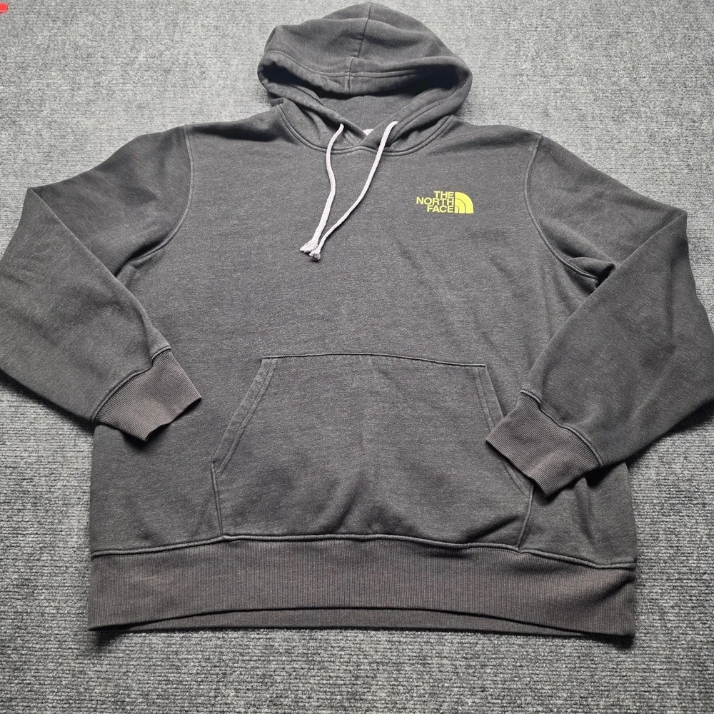 The North Face Hoodie Mens XL Charcoal Grey Yellow Box Graphic Pullover Fleece